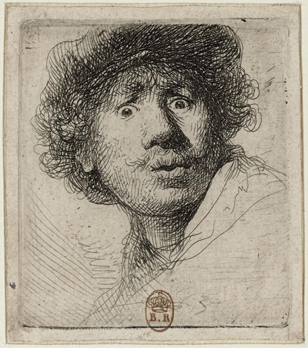 Unforgettable Prints By Rembrandt Now At The Denver Art Museum Art   Rembrandt Van Rijn Self Portrait Cap Wide Eyed And Open Mouthed 