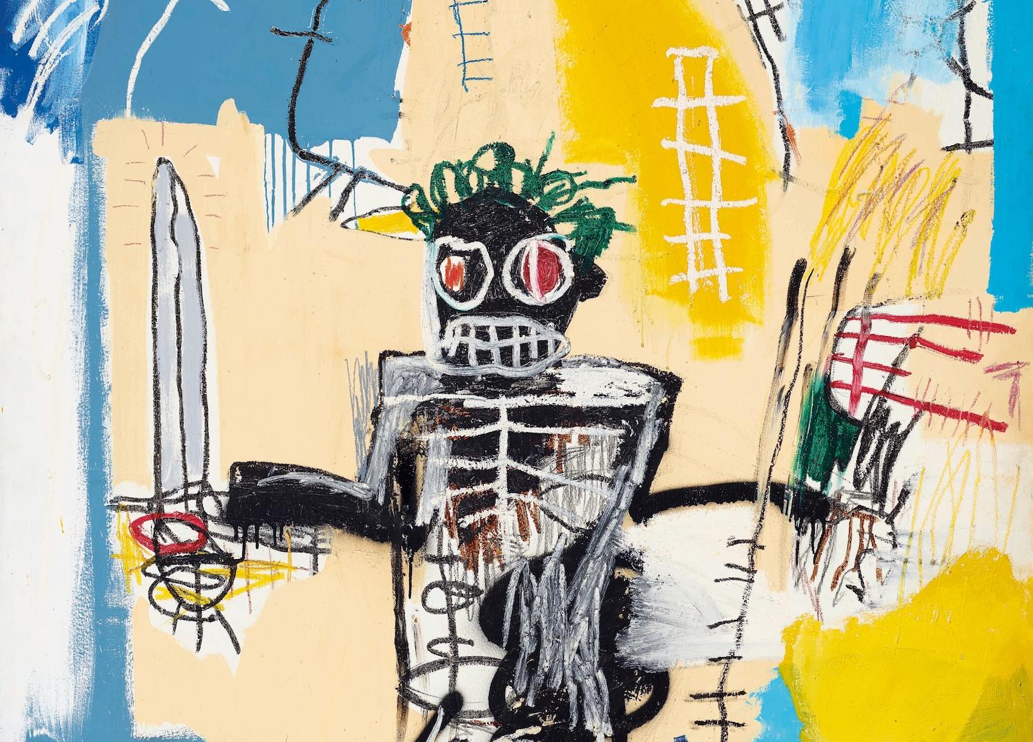 Basquiat S Warrior Breaks Records At Auction Art Object   Signed And Dated Jean Michel Basquiat 1982 Reverse Acrylic Oilstick And Spray Paint Wood Panel 72 X 