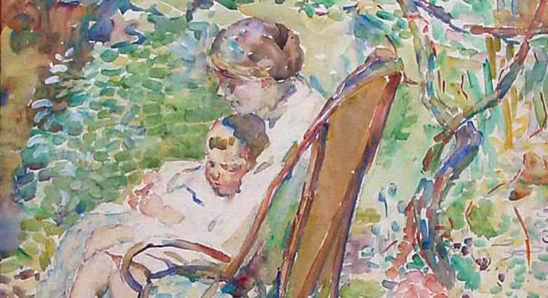 Alice Schille, Mother and Child in a Garden, France, circa 1911-12, Watercolor. Collection of Ann and Tom Hoaglin.