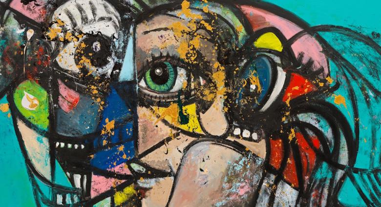 George Condo, Up Against the Wall, 2020. Acrylic, pigment stick, and metallic paint on linen. 82 x 80 x 1 3/8 inches.