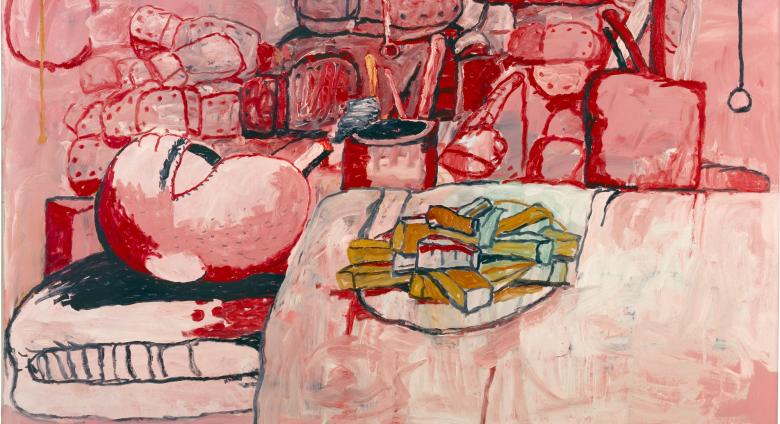 Philip Guston painting in pinks and red of a figure reclining in a bed with a plate of food on their chest