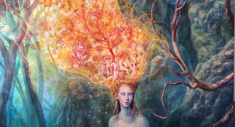 Julie Heffernan painting of a woman in a forest with her hair aflame