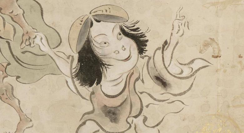 Kawaii detail of a little yokai girl from the Yoshimitsu Hyakki no Zu scroll, unknown author.