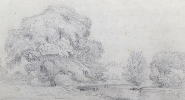 John Constable, A River Landscape: A group of tall trees on the left, a bend of the river with willows on the far bank on the right, in the background a hill with a castle. Estimate: £6,000- £8,000.