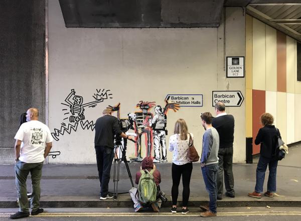 Two pieces by Banksy in honor of the Basquiat exhibition. Golden Lane, Barbican, London, 2017. License