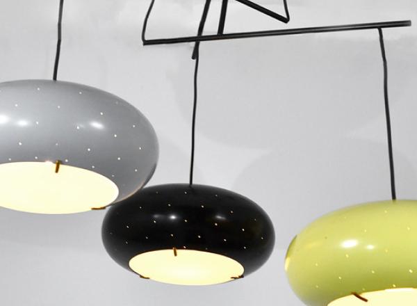 Ceiling light, Brass, painted metal and opaline glass. Ceiling light with three perforated and lacquered metal shades, opaline glass. Stilux, c. 1958, Italy. Height 120 cm x Diameter 75 cm