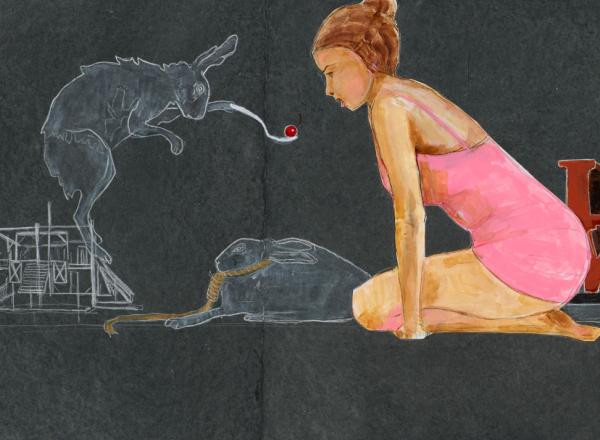 painting of a young woman in pink leotard crouching beside a coyote