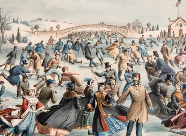 old-fashioned currier & ives lithograph of crowds at an outdoor ice skating rink