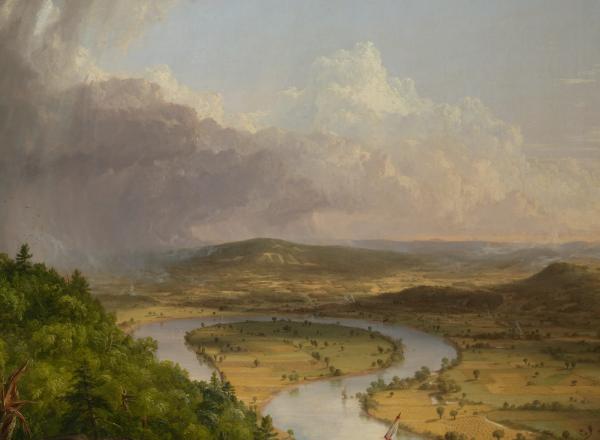 View of the painting described in this story. A knarled tree sits in the foreground of the left corner and a storm rages in the distance of this same half. 