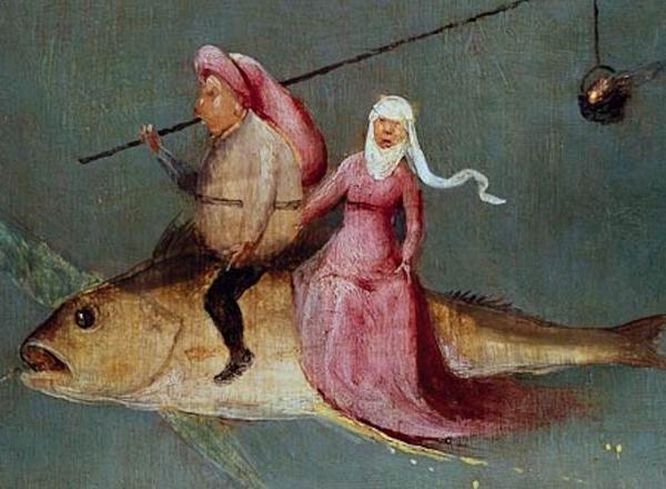 Hieronymus Bosch, detail from The Temptation of St. Anthony, c 1501. Oil on oak panels. 52 in × 90 in.  Museu Nacional de Arte Antiga.