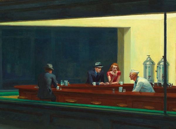 Edward Hopper's Nighthawks painting shows diners at a counter late at night