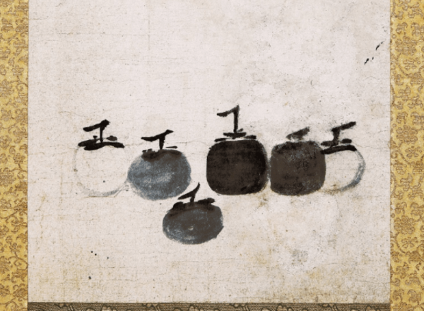 Persimmons (detail), attributed to Muqi (Chinese, active 13th century), hanging scroll; ink on paper. Collection of Daitokuji Ryokoin Temple. Important Cultural Property. 