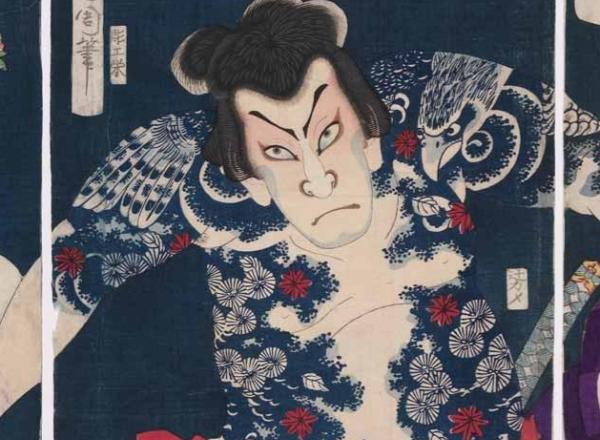 japanese woodblock print of actors with tattoos