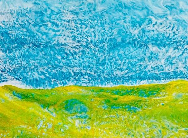 Green and blue textured painting that abstractly resembles a cascading valley that runs into a sky.