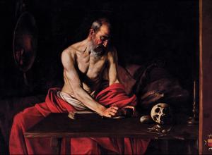 Muscular, shirtless Saint Jerome sits wrapped in red fabric, writing as though in transfixed state, atop a table that also bears a skull.